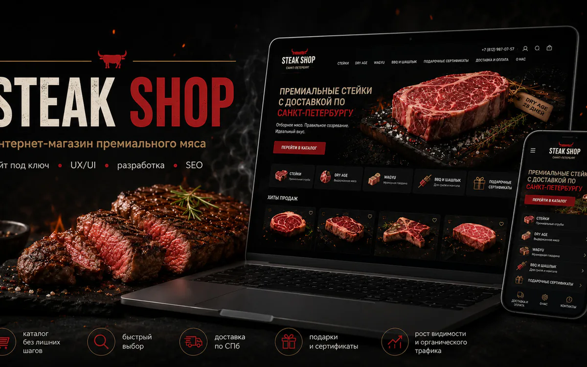 Визуал SEO-кейса Steak-shop.ru: премиальный мясной e-commerce, каталог стейков и мобильная витрина